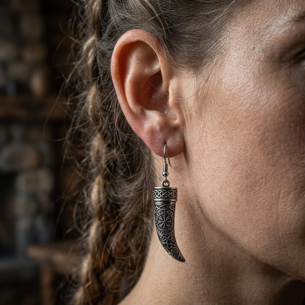Viking Drinking Horn Dangle Earrings — worn