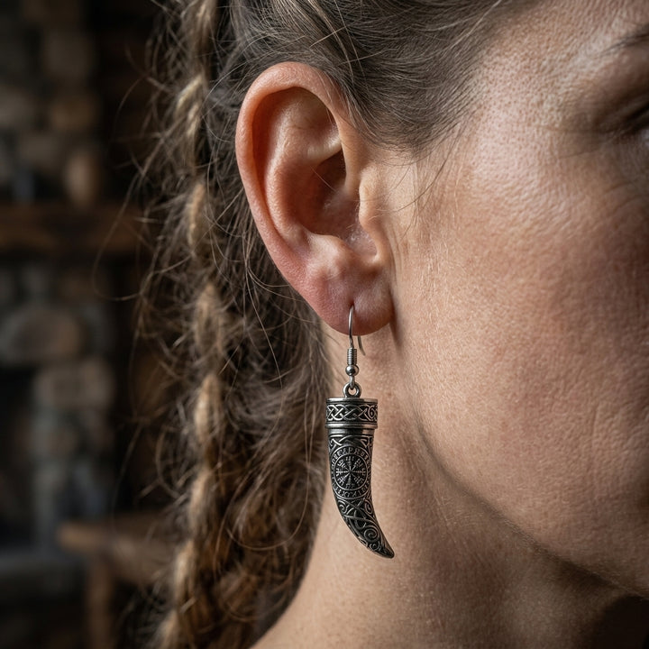 Viking Drinking Horn Dangle Earrings — worn