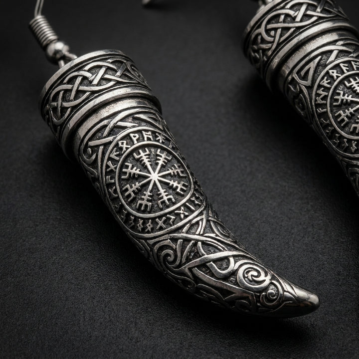 Viking Drinking Horn Dangle Earrings — detail