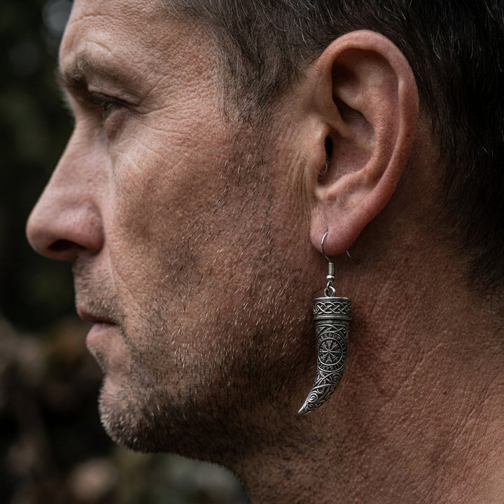 Viking Drinking Horn Dangle Earrings — worn