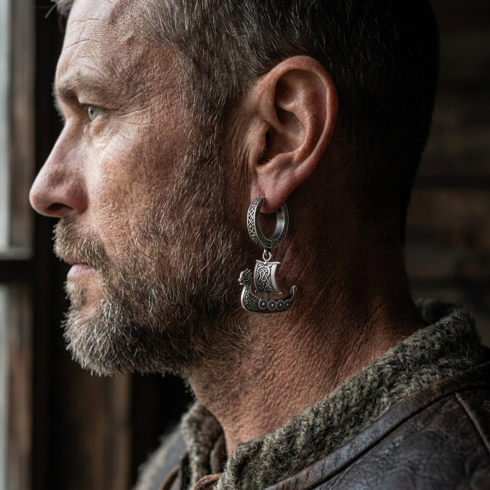 Viking Longship Drakkar Hoop Earrings — worn