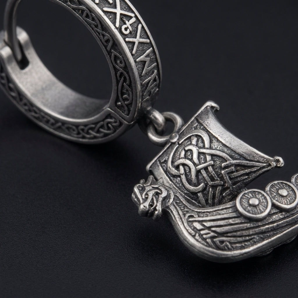 Viking Longship Drakkar Hoop Earrings — detail