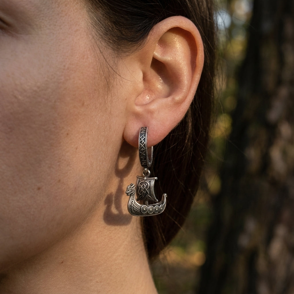 Viking Longship Drakkar Hoop Earrings — worn