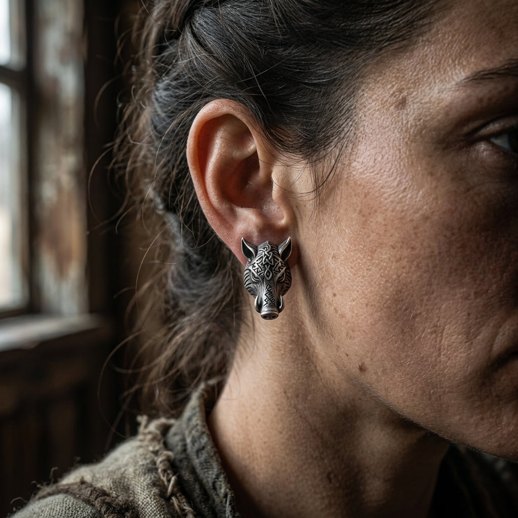 Viking Boar Gullinbursti Stud Earrings — worn