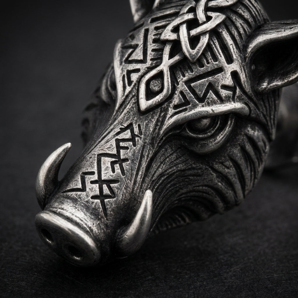 Viking Boar Gullinbursti Stud Earrings — detail