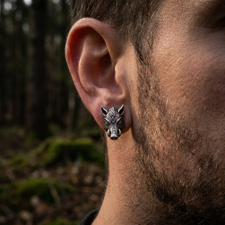 Viking Boar Gullinbursti Stud Earrings — worn