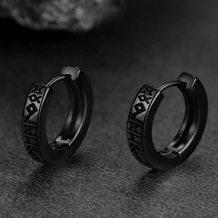 Norse Viking Rune Hoop Earrings & Circle Leather Necklace Set For Men