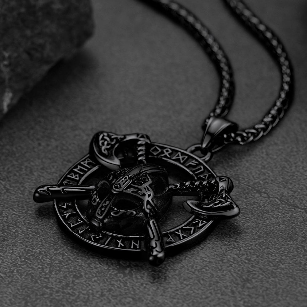 Flash Sale Viking Axe Helmet Pendant Necklace For Men With Runes