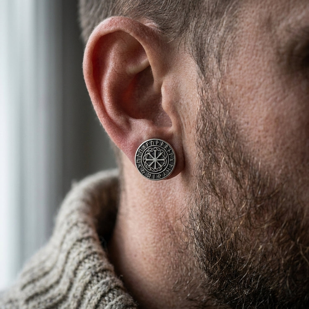 Viking Sunwheel Rune Stud Earrings — worn