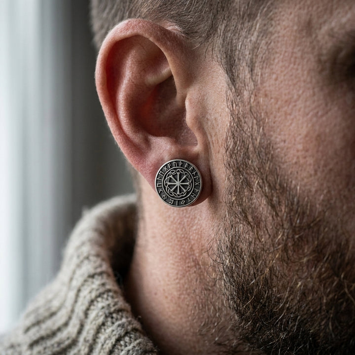 Viking Sunwheel Rune Stud Earrings — worn