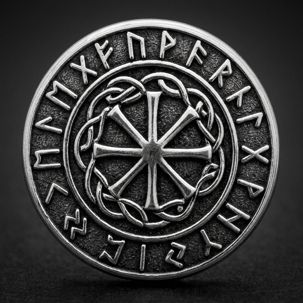 Viking Sunwheel Rune Stud Earrings — detail