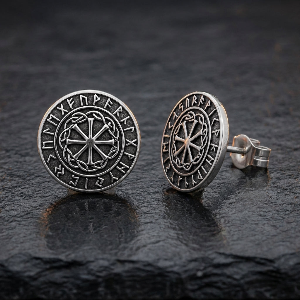 Viking Sunwheel Rune Stud Earrings — feature