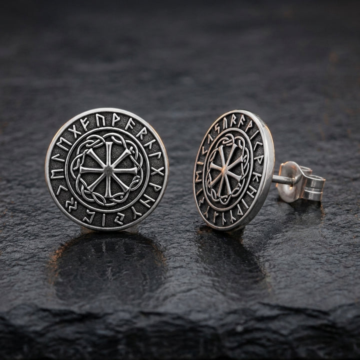 Viking Sunwheel Rune Stud Earrings — feature