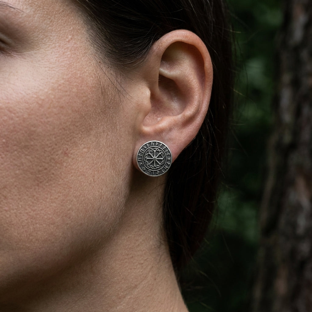 Viking Sunwheel Rune Stud Earrings — worn