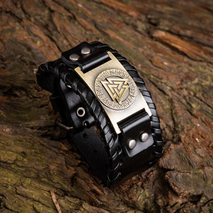 Genuine Leather Buckle Arm Cuff Valknut Rune Metal Bracelet