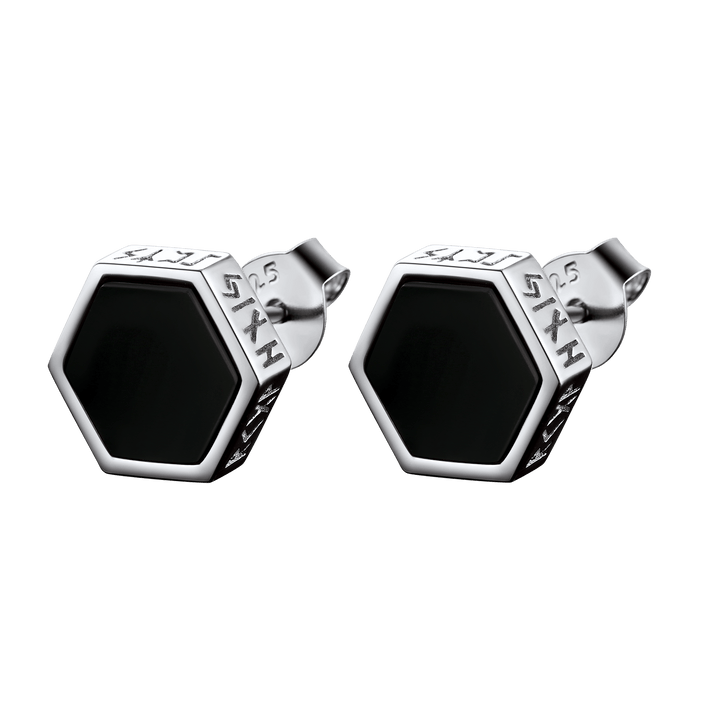 Hexagon Viking Rune Black Onyx Stud Earrings for Men