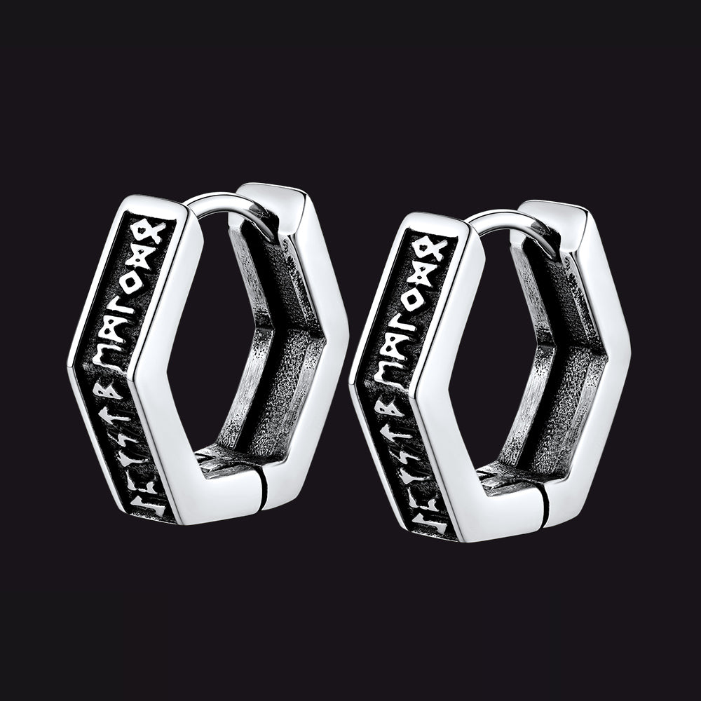 Viking Hexagon Runes Hoop Earrings For Men