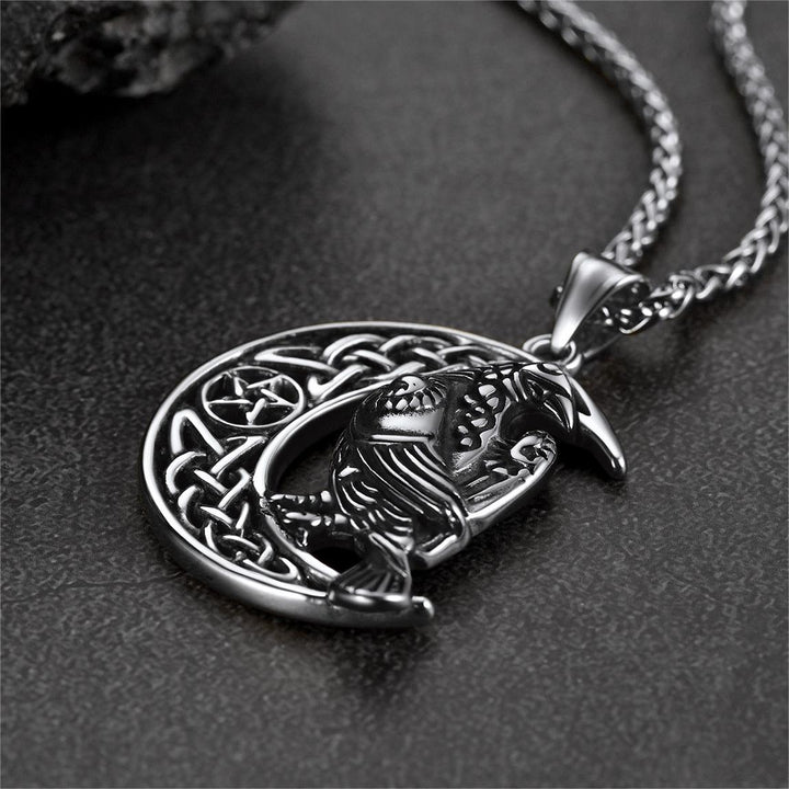 Celtic Crescent Moon Necklace With Odin Raven