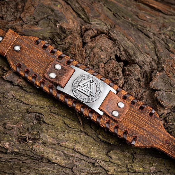 Genuine Leather Buckle Arm Cuff Valknut Rune Metal Bracelet