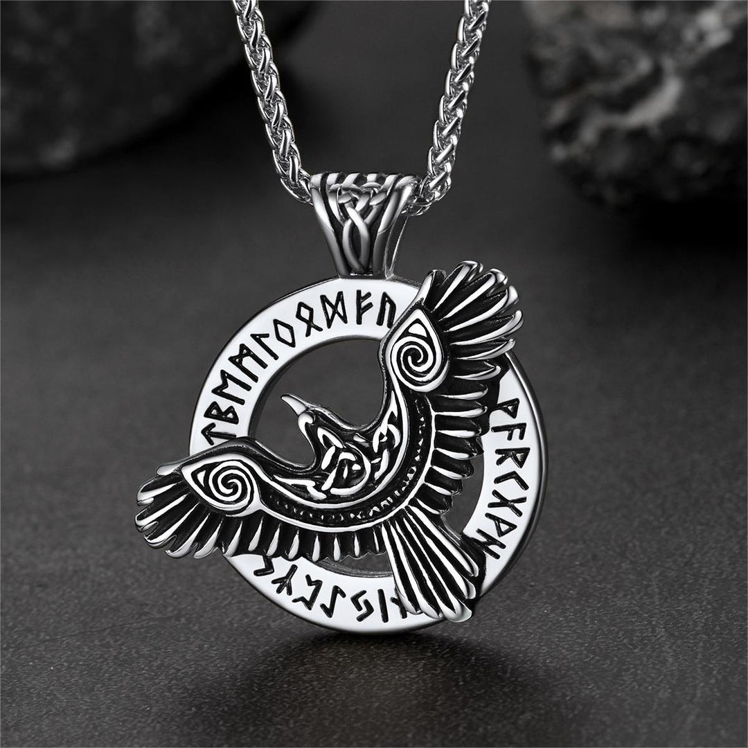 Viking Odin's Raven Necklace For Men With Runes