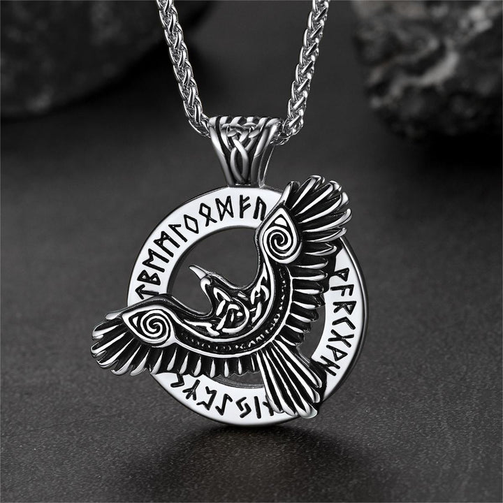 Viking Odin's Raven Necklace For Men With Runes