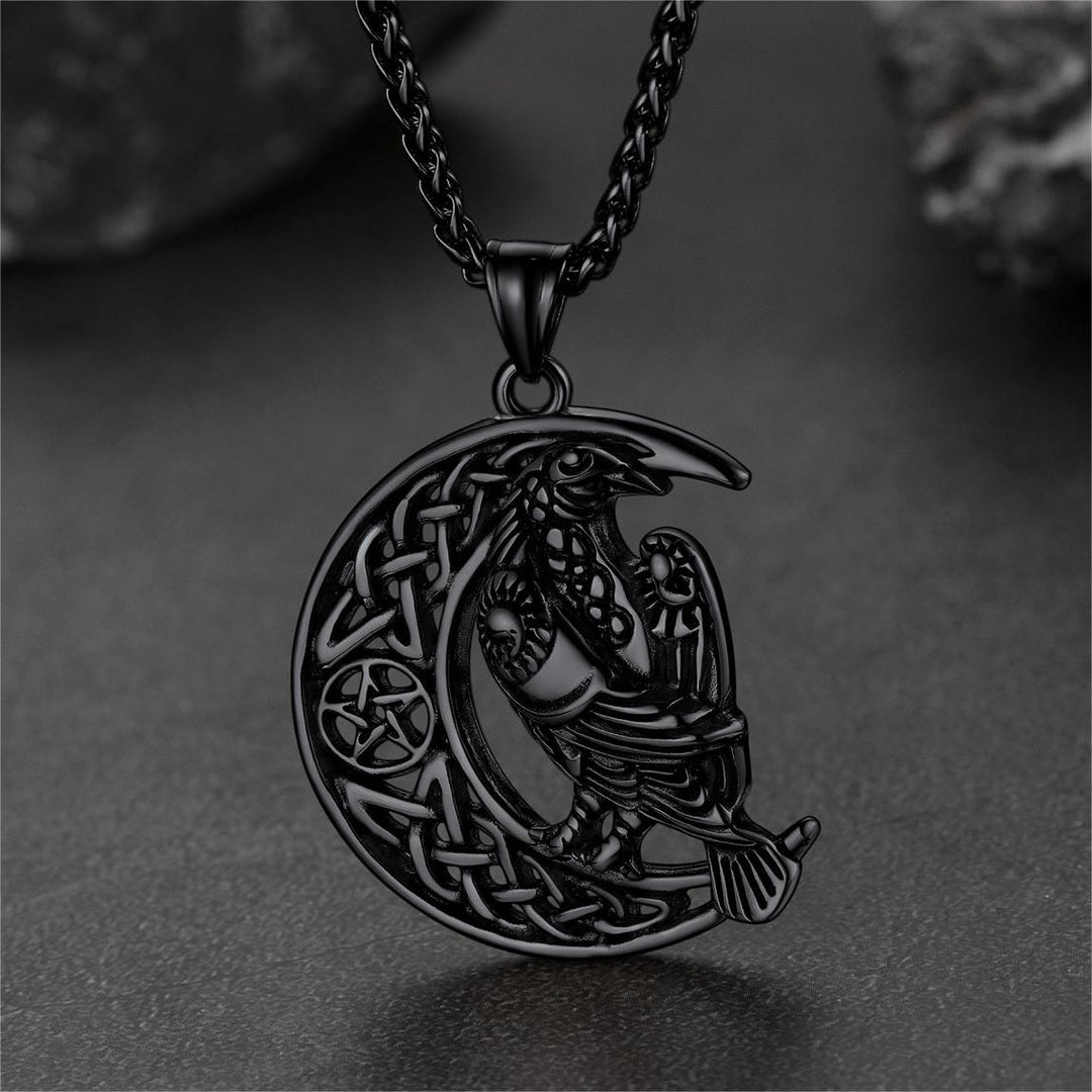 Celtic Crescent Moon Necklace With Odin Raven