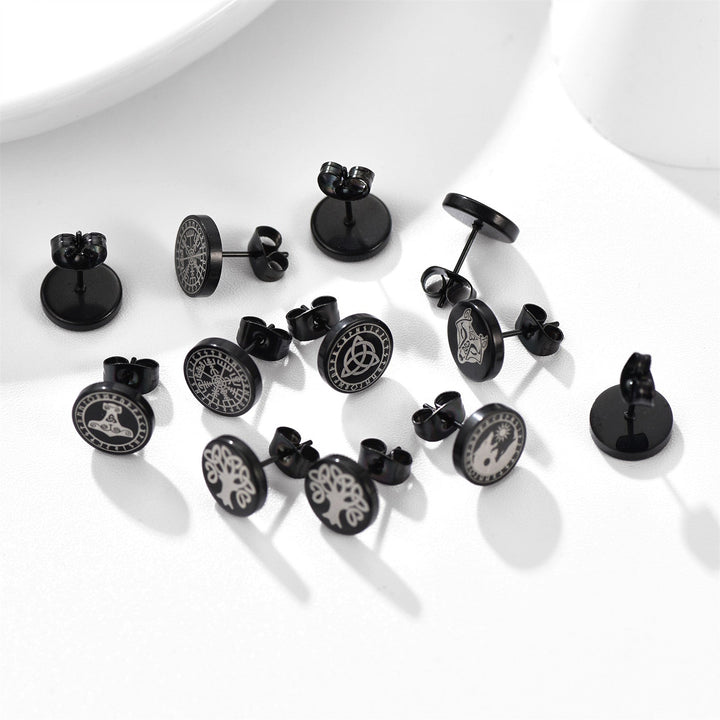 Viking Black Stud Earrings Set For Men 6 Pairs