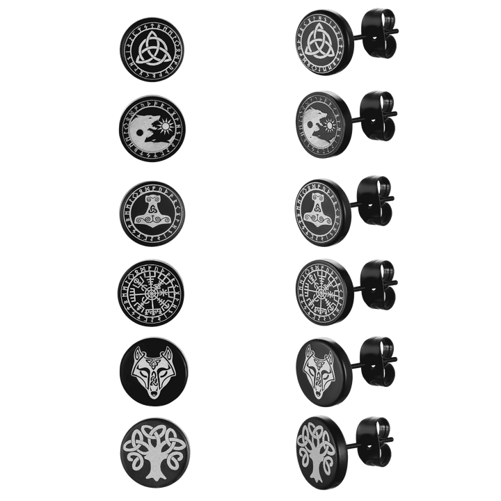Viking Black Stud Earrings Set For Men 6 Pairs