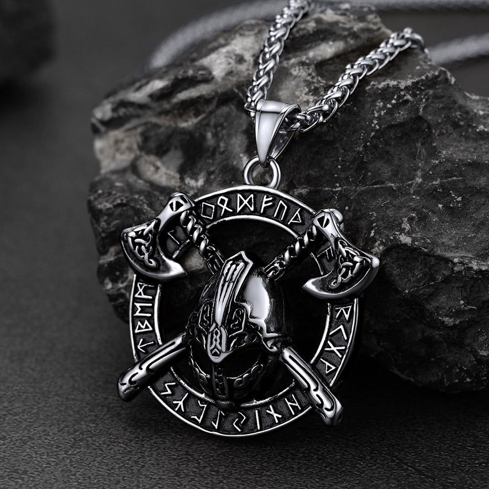 Flash Sale Viking Axe Helmet Pendant Necklace For Men With Runes