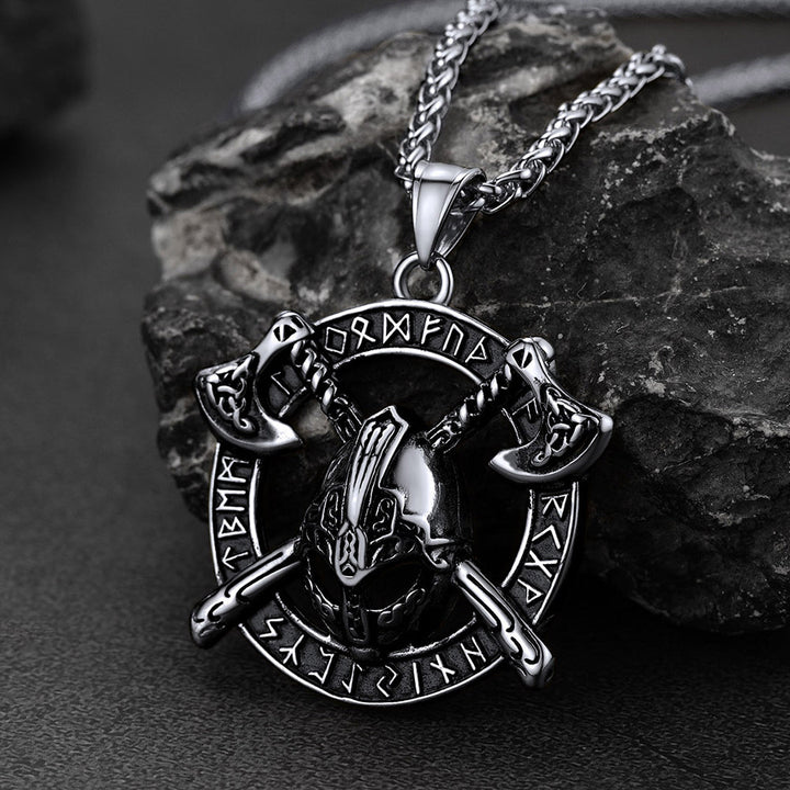 Flash Sale Viking Axe Helmet Pendant Necklace For Men With Runes