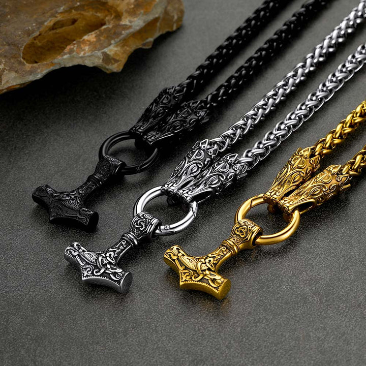 Viking Thor's Hammer Mjolnir Necklace For Men With Wolf Chain
