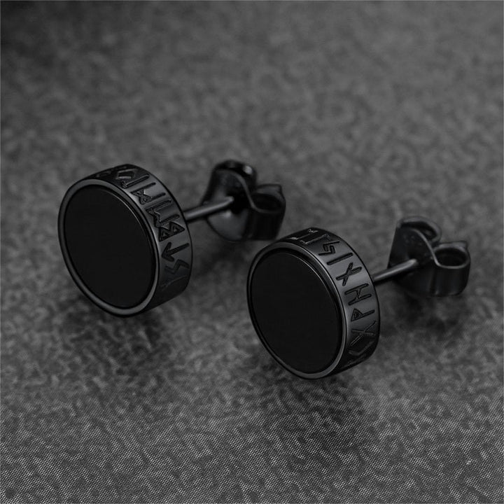 Sterling Silver Viking Runes Black Onyx Stud Earrings For Men