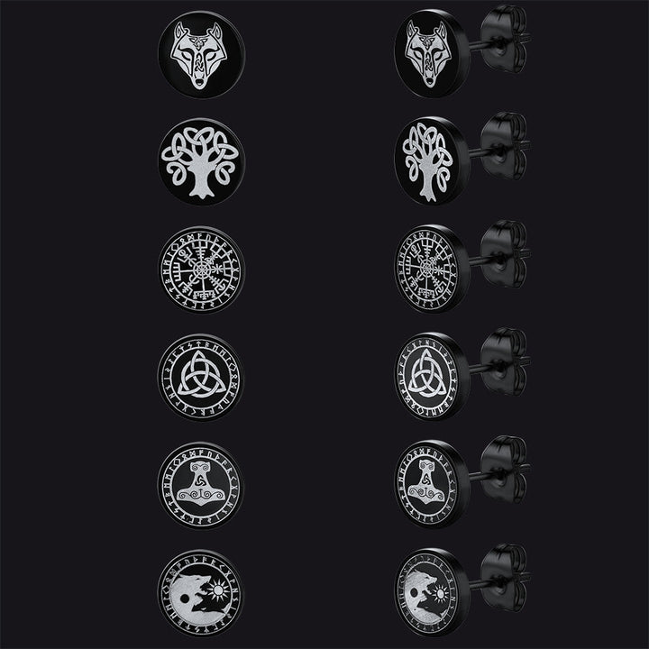 Viking Black Stud Earrings Set For Men 6 Pairs