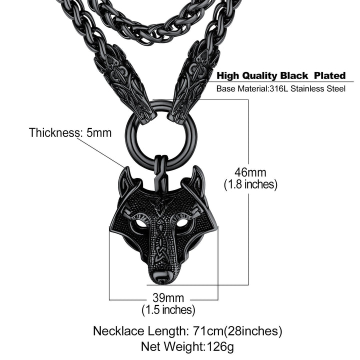 Viking Wolf Pendant Necklace With Wolf Rope Chain For Men