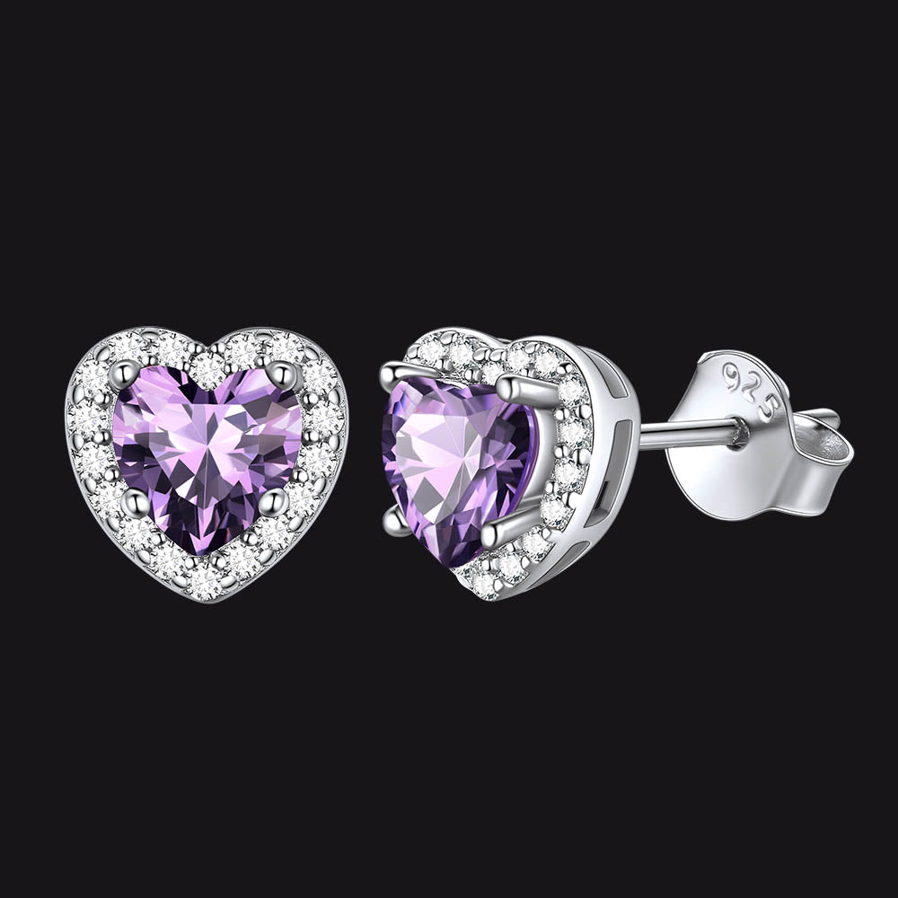 Sterling Silver Birthstone Heart Halo Stud Earrings for Women