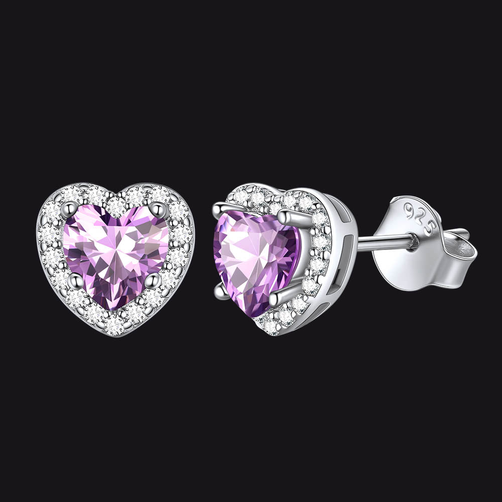 Sterling Silver Birthstone Heart Halo Stud Earrings for Women