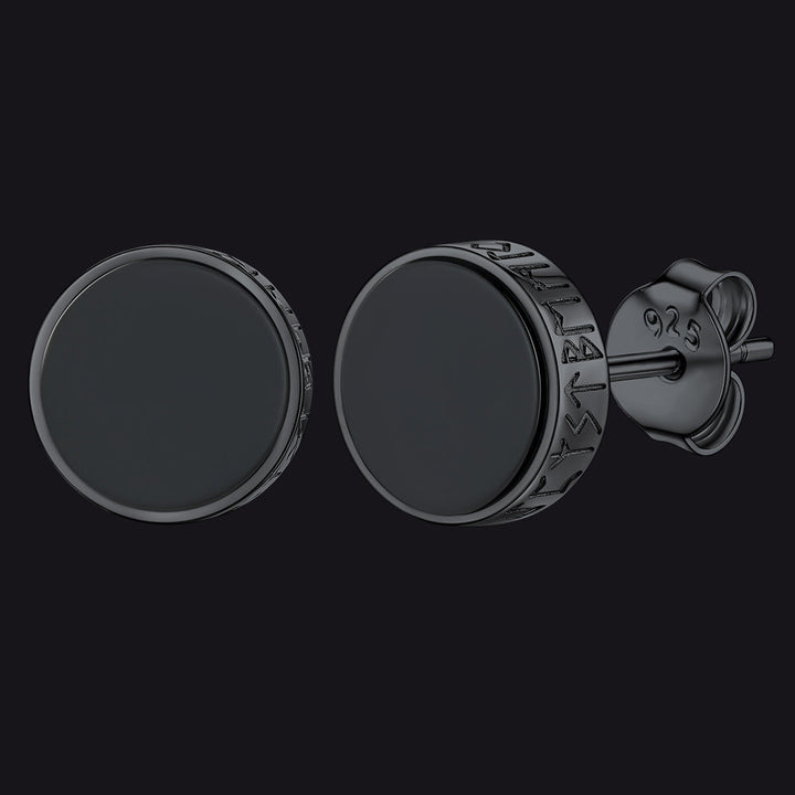 Sterling Silver Viking Runes Black Onyx Stud Earrings For Men