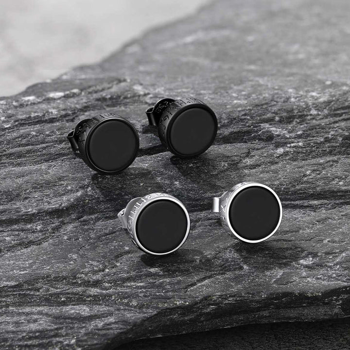 Sterling Silver Viking Runes Black Onyx Stud Earrings For Men