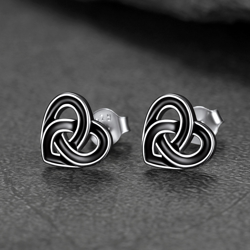 Flash Sale Black Celtic Heart Stud Earrings for Women in Silver