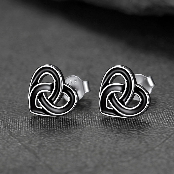 Flash Sale Black Celtic Heart Stud Earrings for Women in Silver
