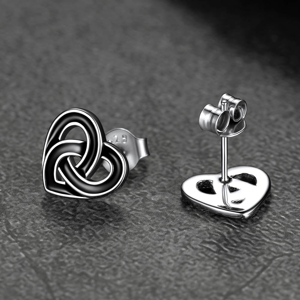 Flash Sale Black Celtic Heart Stud Earrings for Women in Silver