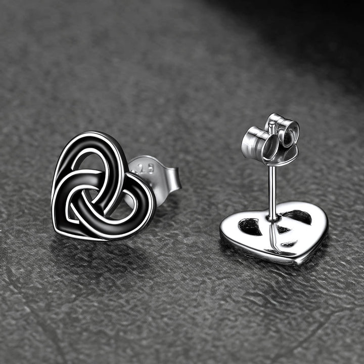 Flash Sale Black Celtic Heart Stud Earrings for Women in Silver