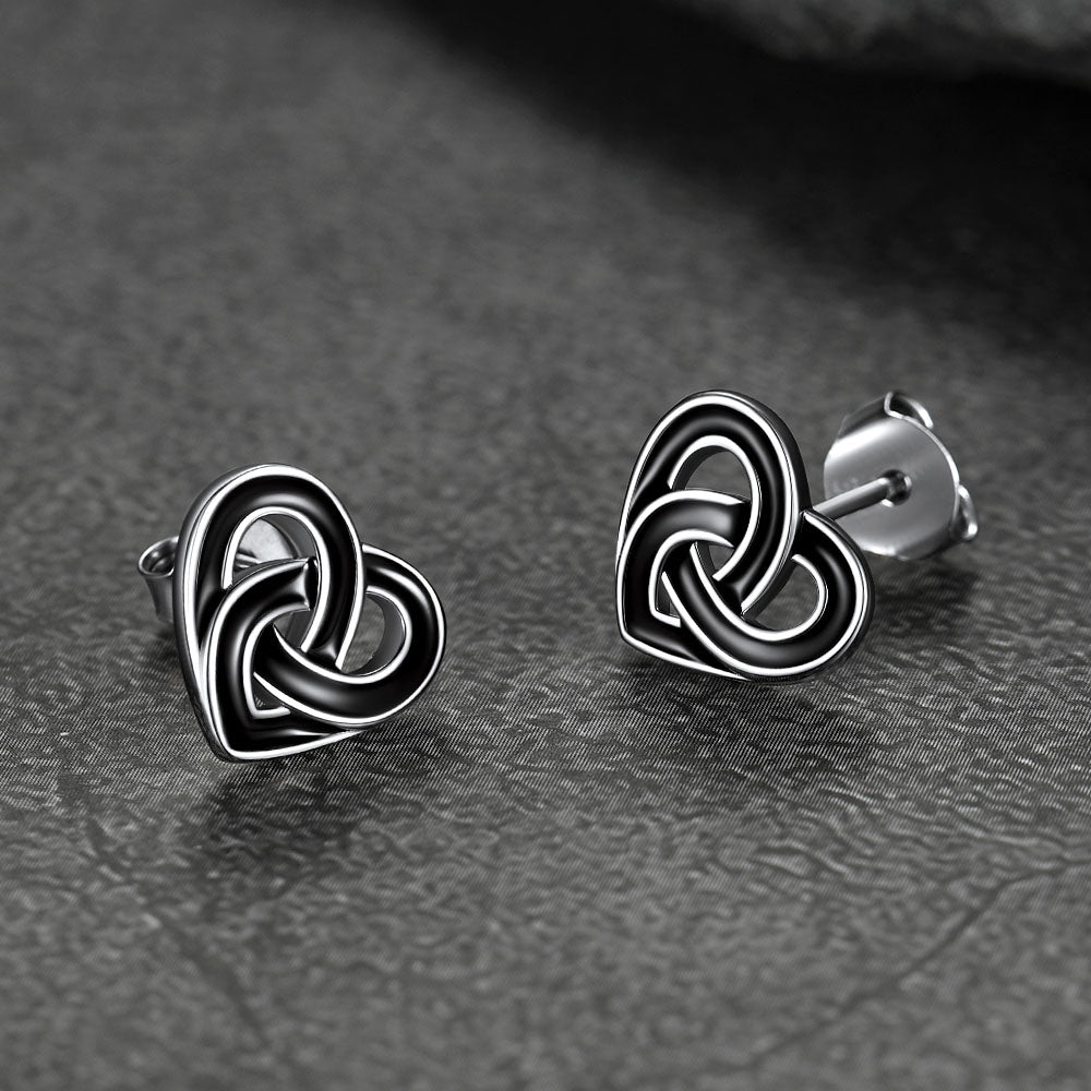 Flash Sale Black Celtic Heart Stud Earrings for Women in Silver