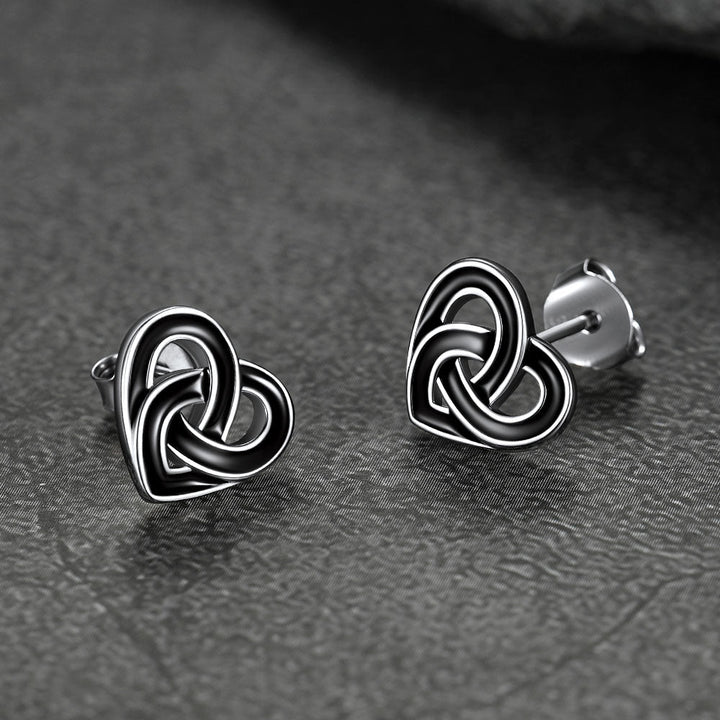 Flash Sale Black Celtic Heart Stud Earrings for Women in Silver