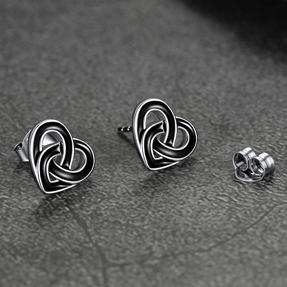 Flash Sale Black Celtic Heart Stud Earrings for Women in Silver