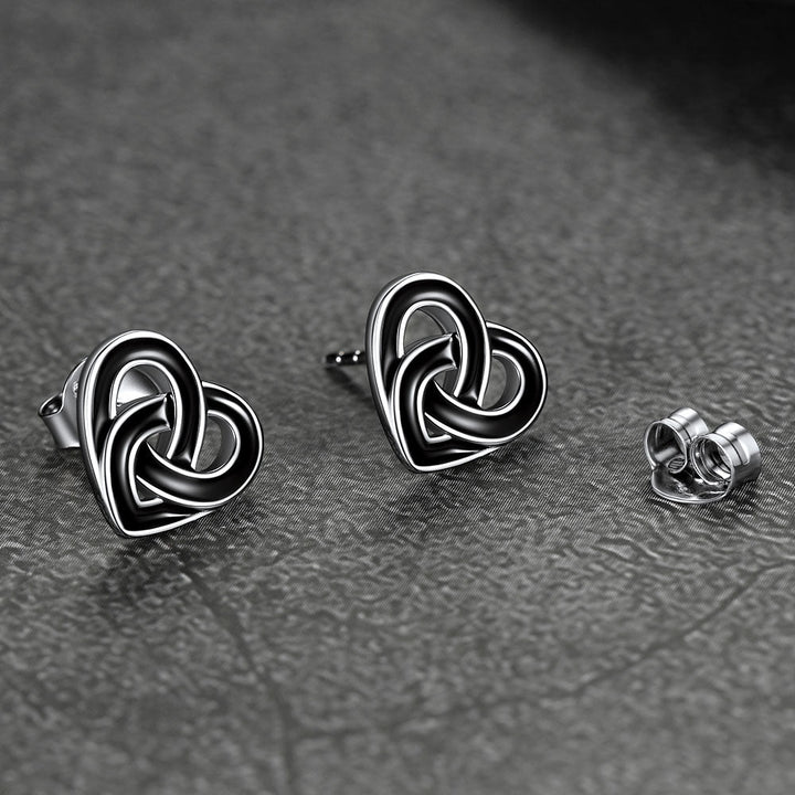 Flash Sale Black Celtic Heart Stud Earrings for Women in Silver