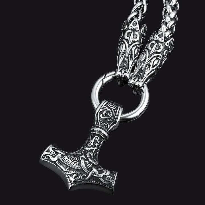 Viking Thor's Hammer Mjolnir Necklace For Men With Wolf Chain