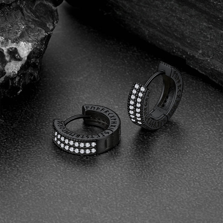 Sterling Silver Diamond Hoop Earrings with Viking Runes for Men