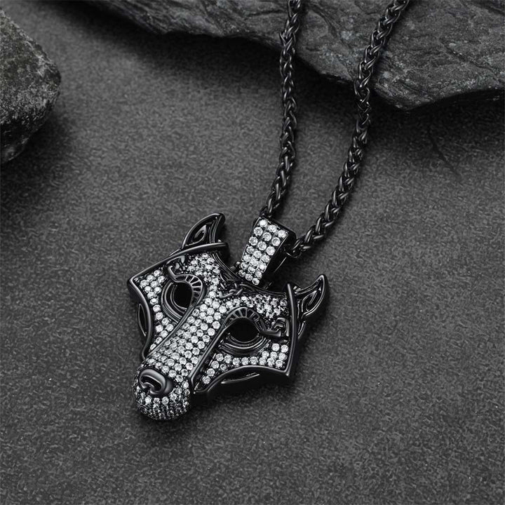 Hip Hop Viking Wolf Head Fenrir Necklace with Cubic Zirconia