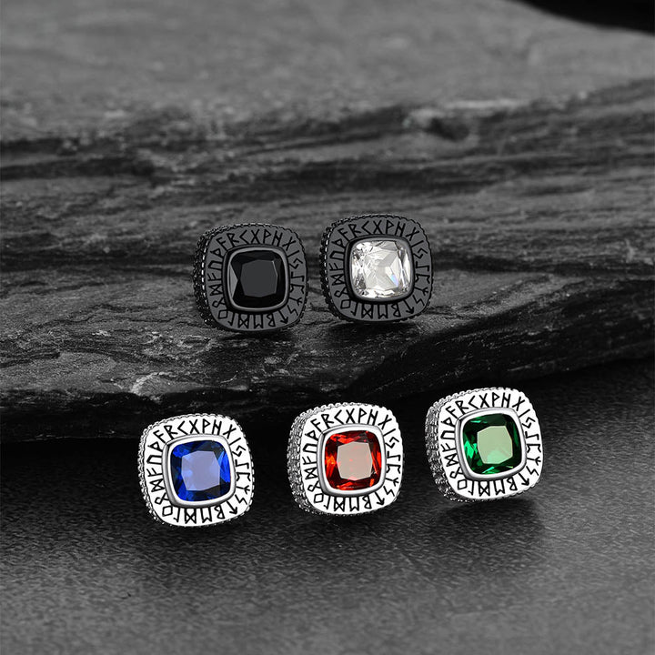 Cushion Cut Diamond Stud Earrings with Viking Runes in Sterling Silver